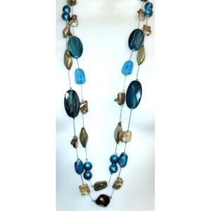 NY&CO Long Beaded Illusion Necklace Blues Earthtone Acrylic Shell Beachy Coastal
